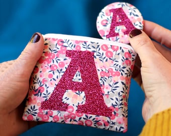 Liberty glitter initial coin purse with mirror - bridesmaid gift - Liberty purse - flower girl gift