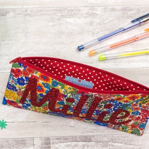 Name Pencil Case glitter pouch Liberty of London personalised zip pouch school supplies stationery red floral personalized image 2