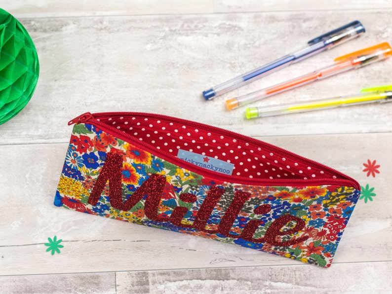 Name Pencil Case glitter pouch Liberty of London personalised zip pouch school supplies stationery red floral personalized image 2