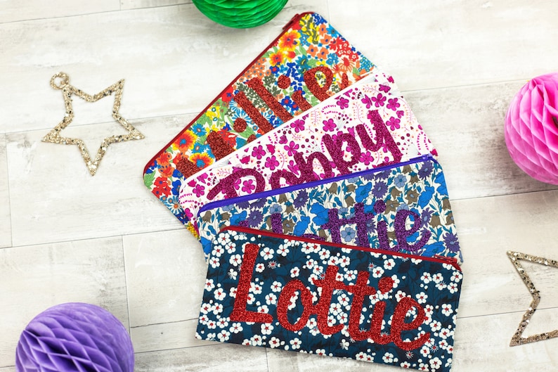 Name Pencil Case glitter pouch Liberty of London personalised zip pouch school supplies stationery red floral personalized image 3