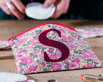 Liberty Floral Makeup Bag: Personalised Glitter Initial Toiletry Pouch