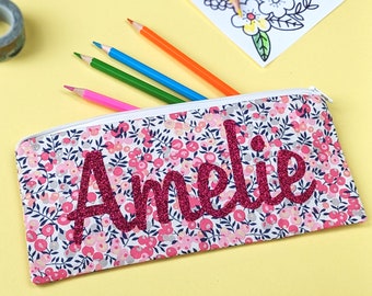 Personalised Liberty of London Floral Pencil Case with Glitter Name - Handmade Kids' Pouch by Nickynackynoo
