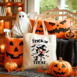 Tote Bag, Girly Witch Tote Bag, Halloween Trick or Treat Bag, Cute Witch Canvas Tote, Kid&#39;s Tote Bag