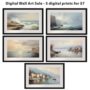 Coastal Village and Ocean Sea Digital Prints. Set of 5 Digital Oil Paintings. Ocean Landscape Decor bundle, 5 for 7 dollars.