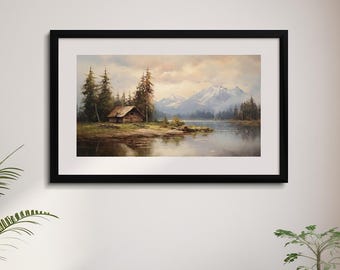 静かな山小屋と山間の湖 – ヴィンテージ油絵風デジタルダウンロード