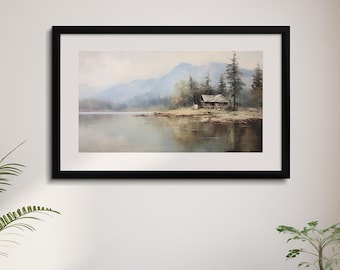静かな山小屋と山間の湖 – ヴィンテージ油絵風デジタルダウンロード