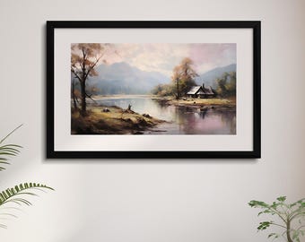 静かな山小屋と山間の湖 – ヴィンテージ油絵風デジタルダウンロード