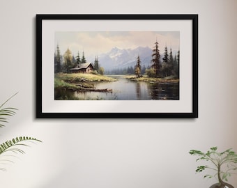 静かな山小屋と山間の湖 – ヴィンテージ油絵風デジタルダウンロード