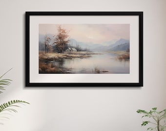 静かな山小屋と山間の湖 – ヴィンテージ油絵風デジタルダウンロード