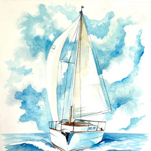 Sailboat, watercolor art Wall Ocean Art Original Watercolor Painting, Watercolor Landscape, Original Not Print,Original Painting