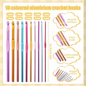 May include: A set of ten colored aluminum crochet hooks. The hooks range in size from 2.0mm to 6.5mm and are approximately 5.8 inches long. The image highlights features such as a smooth surface, clear scale, comfortable handle, and bright colors.