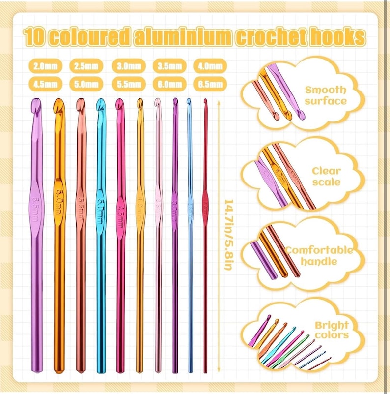 May include: A set of ten colored aluminum crochet hooks. The hooks range in size from 2.0mm to 6.5mm and are approximately 5.8 inches long. The image highlights features such as a smooth surface, clear scale, comfortable handle, and bright colors.