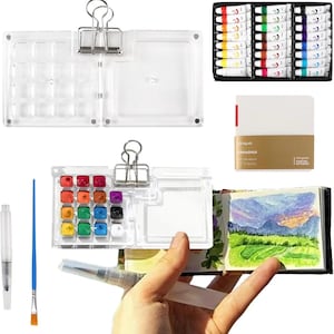 24 Colors Pocket Watercolor Travel Set 15 Grid Mini Portable Watercolor Paint Set Paint Palette Travel Kit Include Brush and Sketchbook DIY