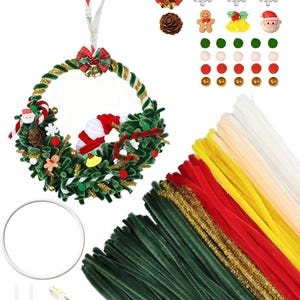 May include: A Christmas wreath with green and gold accents, adorned with miniature Santa, gingerbread man, and snowflake ornaments. Includes craft supplies like pipe cleaners, pom-poms, and a ribbon for hanging. A festive DIY craft kit.