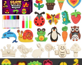 48PCS Wooden Magnets Painting Kit, Glow-in-the-Dark DIY Craft Set for Kids, Summer Crafts, Party Favors & Gifts