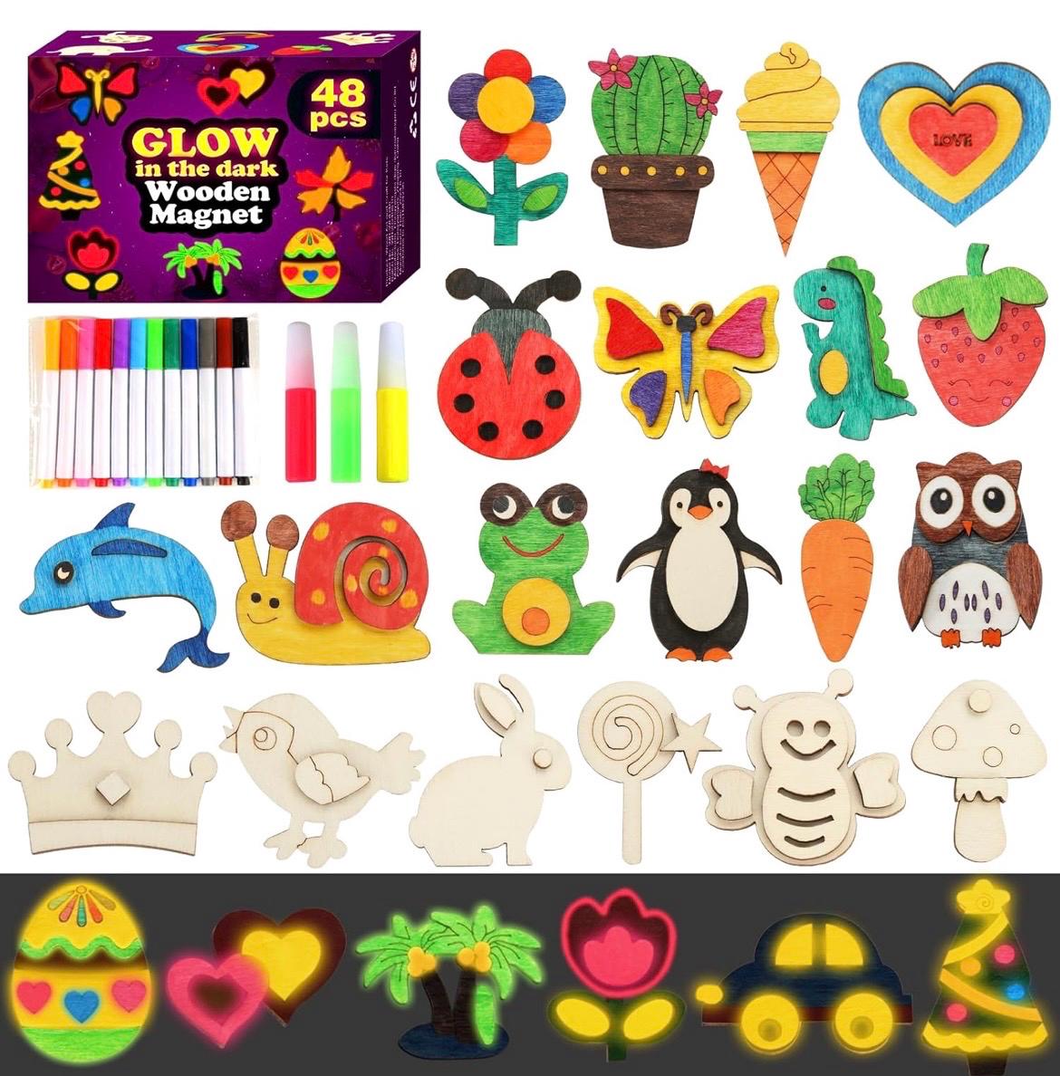 22 Glow in the Dark Crafts for Kids 4 48PCS Wooden Magnets Painting Kit, Glow-in-the-Dark DIY Craft Set…