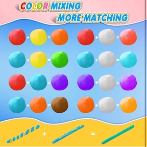 May include: An educational graphic shows color mixing with red, yellow, blue, and white balls of clay. The text "COLOR MIXING MORE MATCHING" is at the top. The bottom of the image shows two sticks combining to make a green stick.