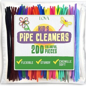 May include: A clear plastic bag filled with 200 colorful pipe cleaners. The bag features a label with the text "Kid's Pipe Cleaners" and illustrations of a flower and dragonfly. The label also highlights that the pipe cleaners are flexible, sturdy, and chenille soft.
