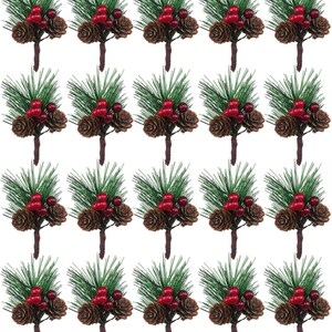 May include: Twenty-four artificial pine sprigs with brown pine cones and red berries. The sprigs are perfect for adding a touch of Christmas cheer to wreaths, garlands, and other holiday decorations.