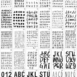 May include: A set of 30 alphabet and number stencils for crafting and DIY projects. The stencils are made of black plastic and feature a variety of font styles, including block letters, script, and handwritten styles.