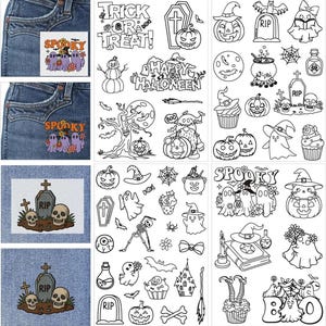 May include: A collection of Halloween-themed iron-on patches and designs. Includes phrases like "Trick or Treat" and "Happy Halloween", along with images of ghosts, pumpkins, tombstones, and other spooky elements. Some patches are sewn onto denim.