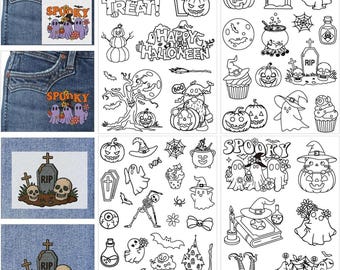 May include: A collection of Halloween-themed iron-on patches and designs. Includes phrases like "Trick or Treat" and "Happy Halloween", along with images of ghosts, pumpkins, tombstones, and other spooky elements. Some patches are sewn onto denim.