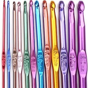 May include: A set of colorful crochet hooks in various sizes. The hooks are made of metal and have a range of colors, including red, blue, green, and purple. Each hook is labeled with its size in millimeters, from 2.0mm to 8.0mm.