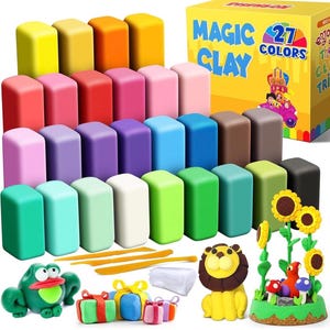 May include: A set of 27 colorful modeling clay bars in a variety of colors, including red, blue, green, yellow, and purple. The clay is arranged in a pyramid shape, with the box of clay in the background. The box has the words "Magic Clay" and "27 Colors" printed on it. The clay is accompanied by tools for sculpting, including a rolling pin, a sculpting tool, and a plastic bag.