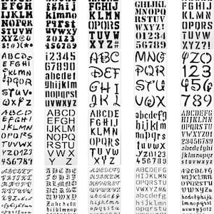 May include: A set of 10 alphabet and number stencils for crafting. The stencils are made of clear plastic and feature a variety of fonts and styles, including cursive, block, and script. The stencils are perfect for creating custom signs, cards, and other crafts.
