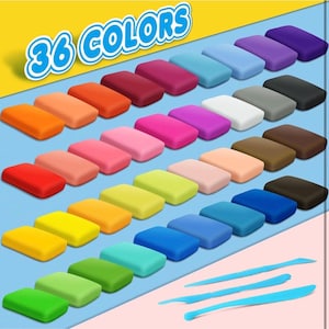 May include: A collection of 36 colorful clay blocks arranged in rows, with a variety of hues including red, yellow, blue, and green. The image also features three blue sculpting tools, and the text "36 COLORS" in a stylized font.