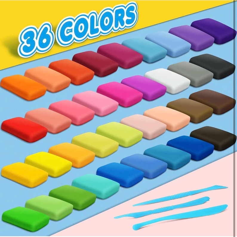 May include: A collection of 36 colorful clay blocks arranged in rows, with a variety of hues including red, yellow, blue, and green. The image also features three blue sculpting tools, and the text "36 COLORS" in a stylized font.