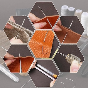 May include: A collection of images demonstrating leathercraft. The images show needles piercing leather and fabric, alongside spools of thread, a thimble, and a measuring tool. The leather is in shades of brown and orange.