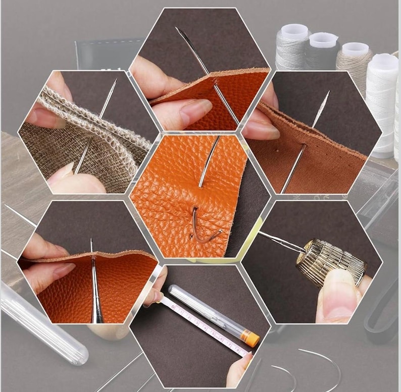 May include: A collection of images demonstrating leathercraft. The images show needles piercing leather and fabric, alongside spools of thread, a thimble, and a measuring tool. The leather is in shades of brown and orange.