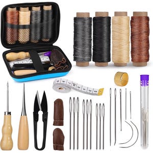 May include: Leather sewing kit with a blue case, four spools of thread, needles, awls, thimbles, and a tape measure.