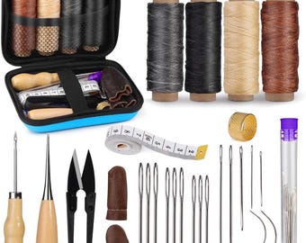 Leather Repair Sewing Kit – Leather Stitching Kit with Needles, Waxed Thread & Awl for DIY Leather Craft, Upholstery Repair for Beginners