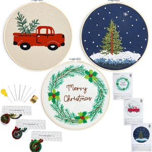 Embroidery Christmas Kits for Adults Beginners Embroidery Starter Kits with Christmas Tree Wreath Pattern, Hand DIY Embroidery Stamped kits.