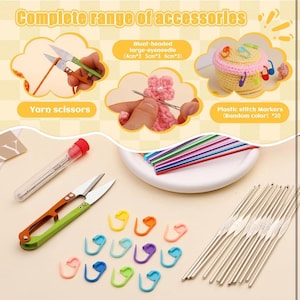 May include: An assortment of crochet and knitting accessories. The image includes yarn scissors, blunt-headed large-eye needles, plastic stitch markers, and crochet hooks. Text reads "Complete range of accessories".