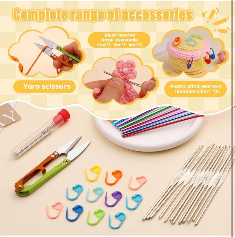 May include: An assortment of crochet and knitting accessories. The image includes yarn scissors, blunt-headed large-eye needles, plastic stitch markers, and crochet hooks. Text reads "Complete range of accessories".