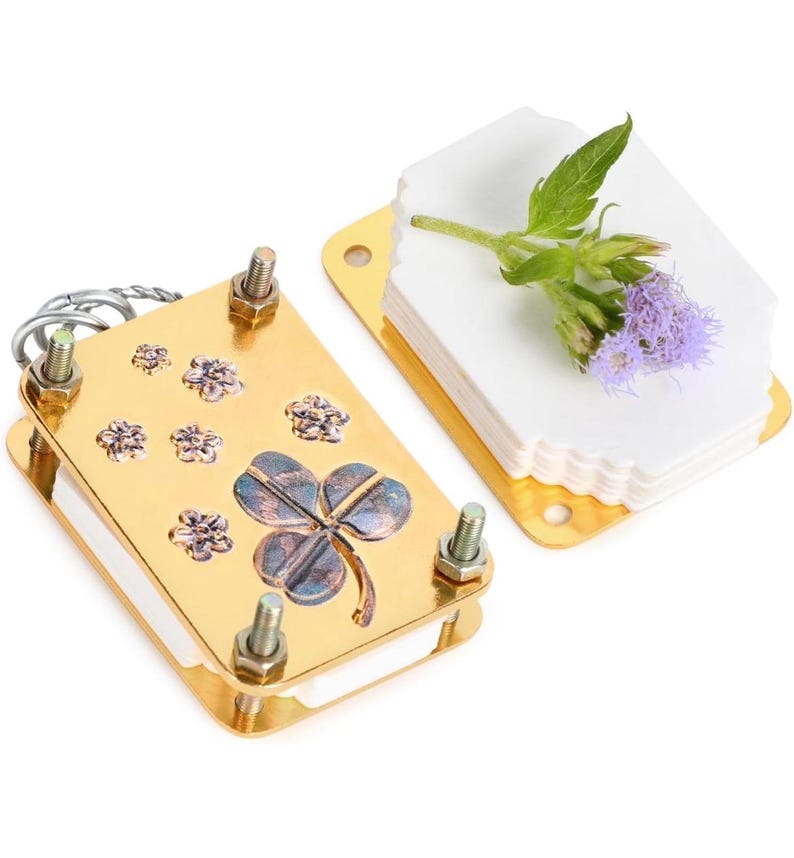 以下が含まれることがあります： 四つ葉のクローバーのデザインと小さな花が付いた金色の金属フレーム。フレームは、白く、何層にも重なり、波打った紙のマットに付けられています。フレームは、花をプレスするために使用されます。