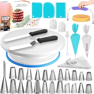 May include: A cake decorating kit with 64 pieces, including a rotating cake stand, two spatulas, piping bags, tips, and decorating tools. The kit also includes a cake leveler, a cake scraper, and a cake brush.
