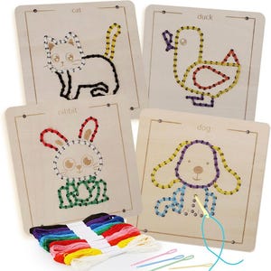 May include: Wooden sewing cards featuring embroidered animal designs: a cat, duck, rabbit, and dog. Each card has a corresponding animal name. Includes colorful embroidery floss and needles for stitching. A fun craft activity.