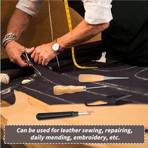 May include: A selection of leathercraft tools, including awls, scissors, and a seam ripper, with wooden handles and black blades. The text reads: Can be used for leather sewing, repairing, daily mending, embroidery, etc.