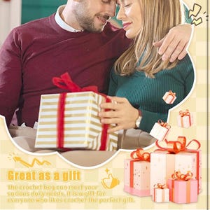 May include: A couple is embracing, with a gift box in the foreground. The box is wrapped in gold and white striped paper, tied with a red ribbon. The image includes text that reads "Great as a gift".