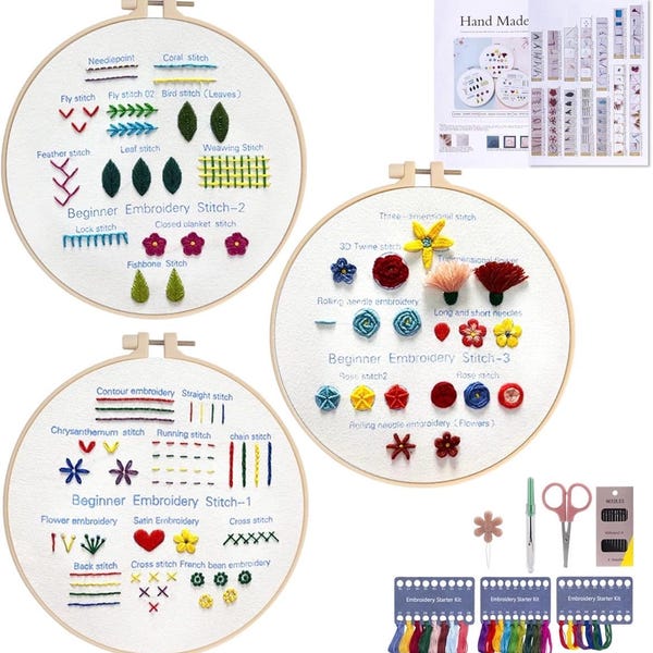 3 Set Embroidery Kit for Beginners – DIY Stitch Practice Set for Adults, Learn 30 Stitches, Relaxing Craft Kit, Birthday & Summer Gift Idea