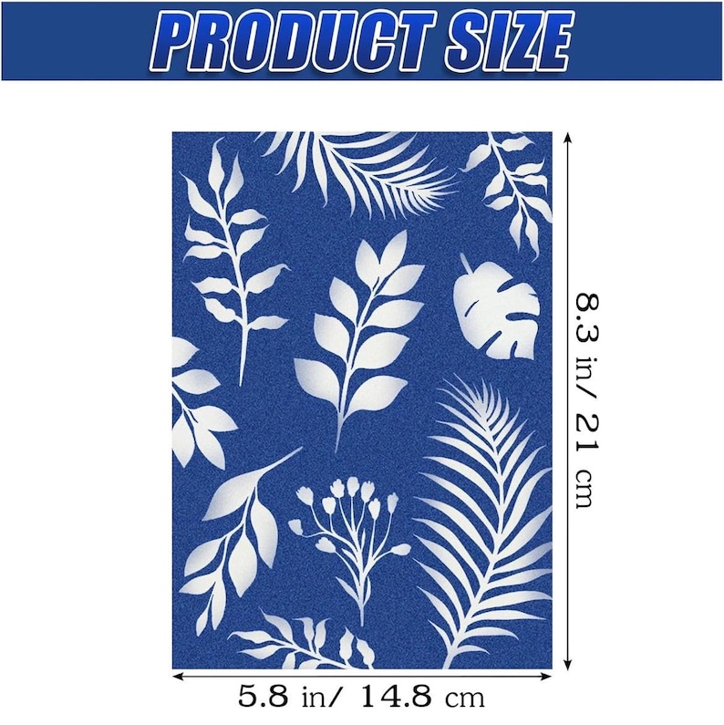 Może przedstawiać: Niebieski prostokątny szablon z białymi wzorami liści. Szablon ma wymiary 21 cm na 14,8 cm. U g&oacute;ry znajduje się napis "PRODUCT SIZE".