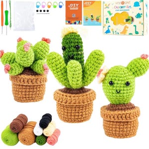 May include: A crochet kit for beginners featuring three green cactus plants in brown pots. The kit includes crochet hooks, yarn in various colors, and a box with the text "HTV ONT CROCHET KIT FOR BEGINNER".
