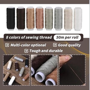 May include: Eight spools of sewing thread in a range of colours, from black to white. The image includes the text "8 colours of sewing thread 50m per roll", "Multi-colour optional", "Good quality", and "Tough and durable".
