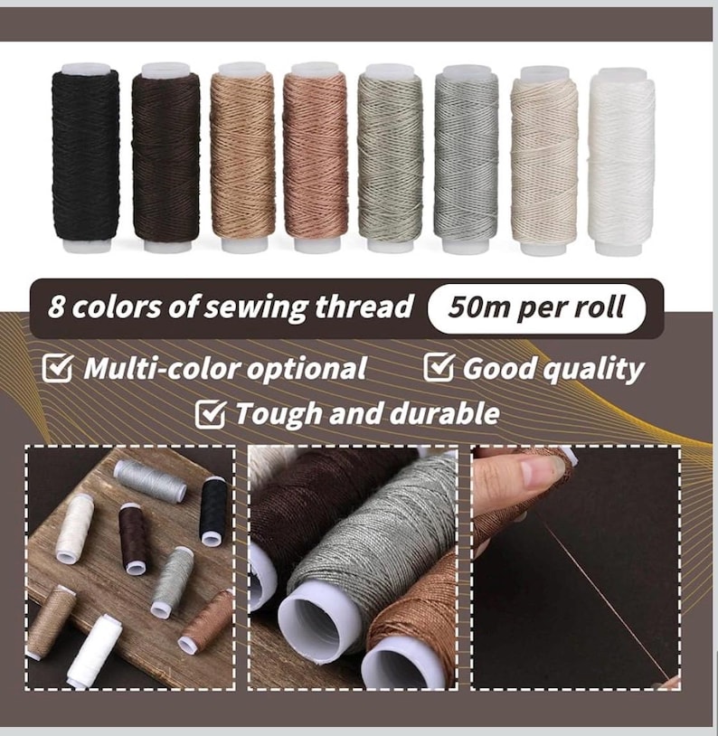 May include: Eight spools of sewing thread in a range of colours, from black to white. The image includes the text "8 colours of sewing thread 50m per roll", "Multi-colour optional", "Good quality", and "Tough and durable".