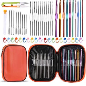 May include: An orange zippered case containing a crochet hook set. The set includes various sizes of silver crochet hooks, colorful aluminum crochet hooks, yarn needles, stitch markers, and a pair of green and orange scissors.