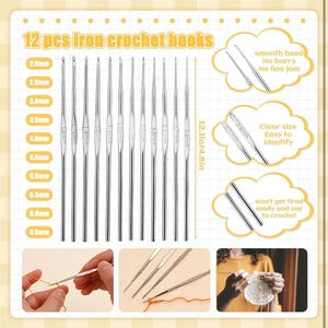 May include: A set of 12 iron crochet hooks, ranging from 2.0mm to 6.5mm, with a total length of 12.1 inches. The image highlights features like smooth heads, clear size identification, and ease of use. The text reads "12 pcs iron crochet hooks."